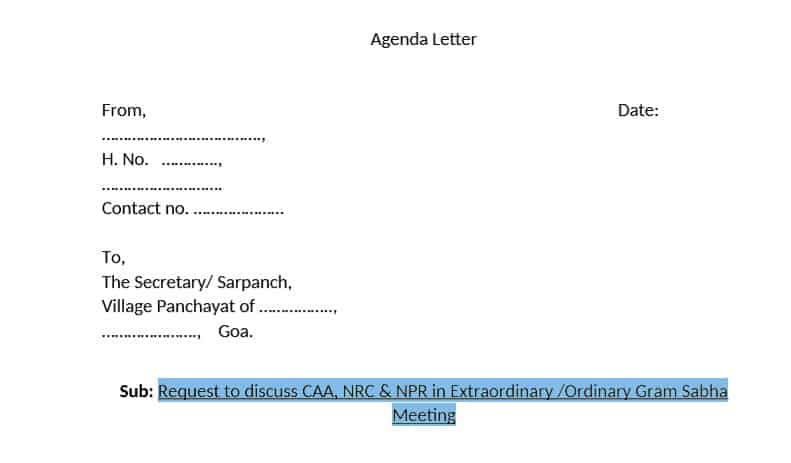 Request to discuss CAA, NRC & NPR in Extraordinary /Ordinary Gram Sabha Meeting